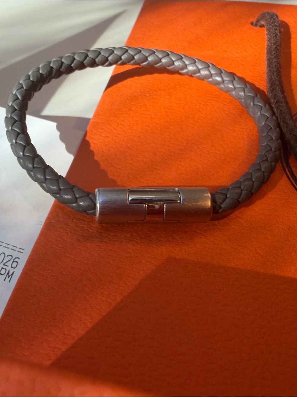 Hermes Braided Gray Leather Bracelet with Silver Clasp